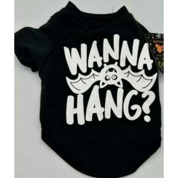 Wanna Hang Dog Shirt Halloween Pet Tee Size L Black Bat Design Buttons and Bones - Picture 2 of 6